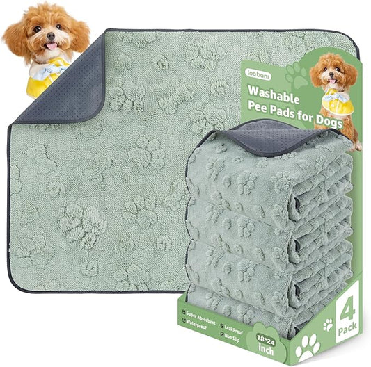 LOOBANI Reusable Puppy Pads: 4 Pack Super Absorbent Washable Pee Pads for Dogs, Leakproof and Waterproof Dog Training Pads Whelping Pads for Potty, Floor, Crate, Couch Bed and Travel, 18"x24"