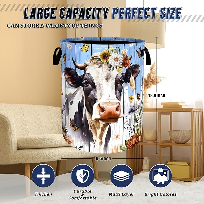 Cute Animal Cows Laundry Basket Foldable Colorful Flowers Laundry Hamper With Handle Oxford Cloth Portable Clothes Storage Organizer Basket 18.9"x16.5" Laundry Bag For Laundry Room/Bedroom/Bathrooms