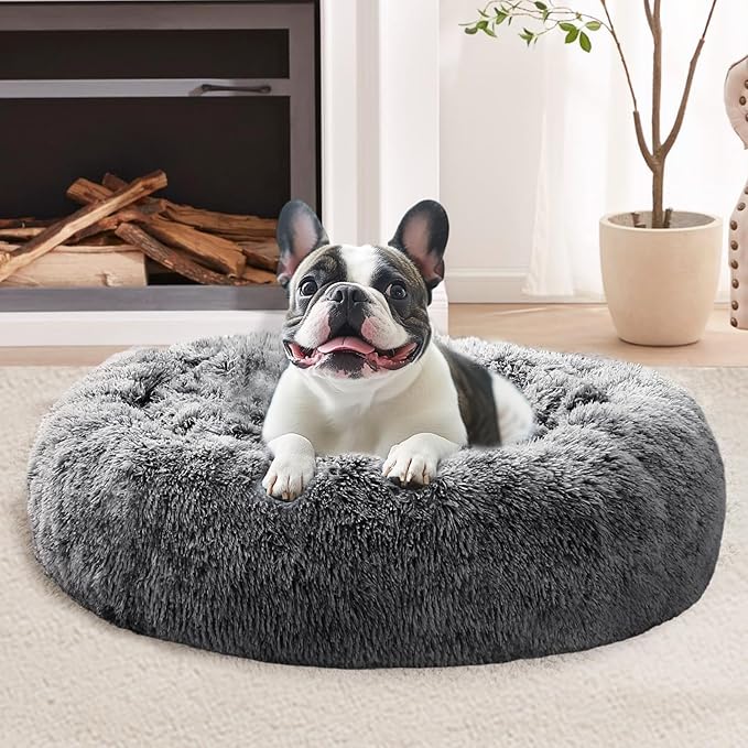 JOLLYVOGUE Small Dog & Cat Beds for Indoor Cats, Donut Cuddler Warming Soft Dog Beds with Anti-Slip Bottom, Round Calming Fluffy Plush Faux Fur Cushion Bed for Small Dogs (23", Smoke Black)