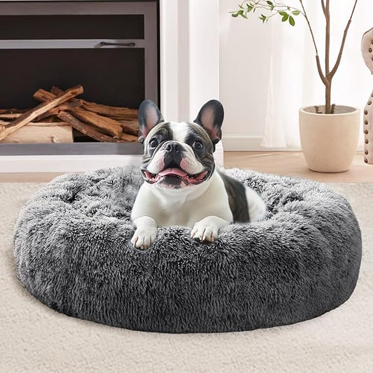 JOLLYVOGUE Small Dog & Cat Beds for Indoor Cats, Donut Cuddler Warming Soft Dog Beds with Anti-Slip Bottom, Round Calming Fluffy Plush Faux Fur Cushion Bed for Small Dogs (23", Smoke Black)