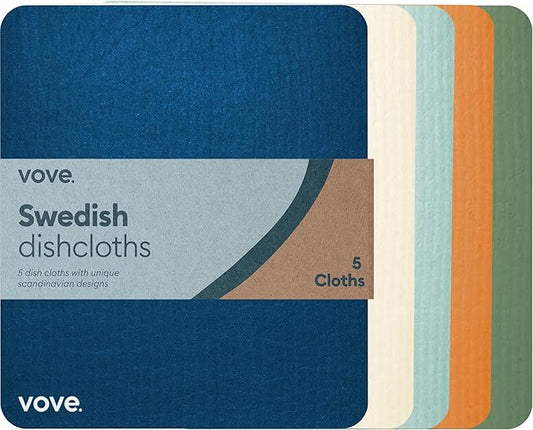 Vove Swedish Dishcloths 5-Pack, Coastal Calm - FSC Certified Cellulose & Cotton, Oeko-TEX Standard 100, Reusable Washable Kitchen Cleaning Cloths, Eco Friendly