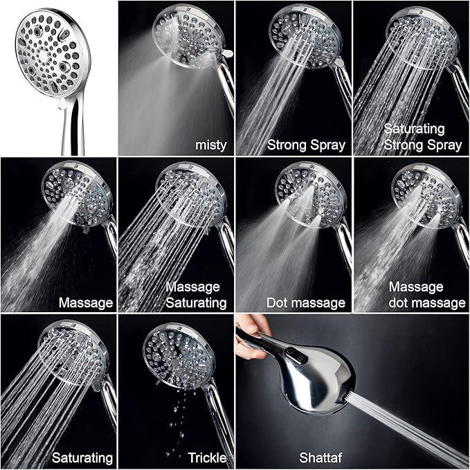 High Pressure Handheld Shower Head, 10-Setting Showerhead, 4.7”Detachable Showerhead Set with 5ft Hose, Adjustable Bracket and Built-in Power Wash to Clean Tub, Tile & Pets - Polished Chrome