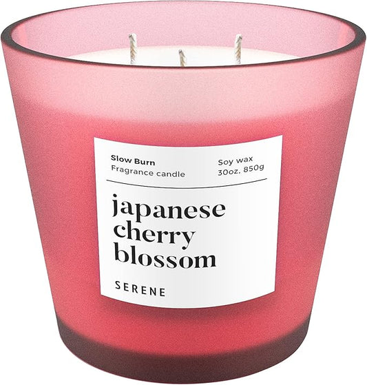 Hidden Label Large Scented Candle, Japanese Cherry Blossom, 30oz 3 Wick Huge Candle, Serene Collection Slow Burn Natural Soy Candles for Home Scented