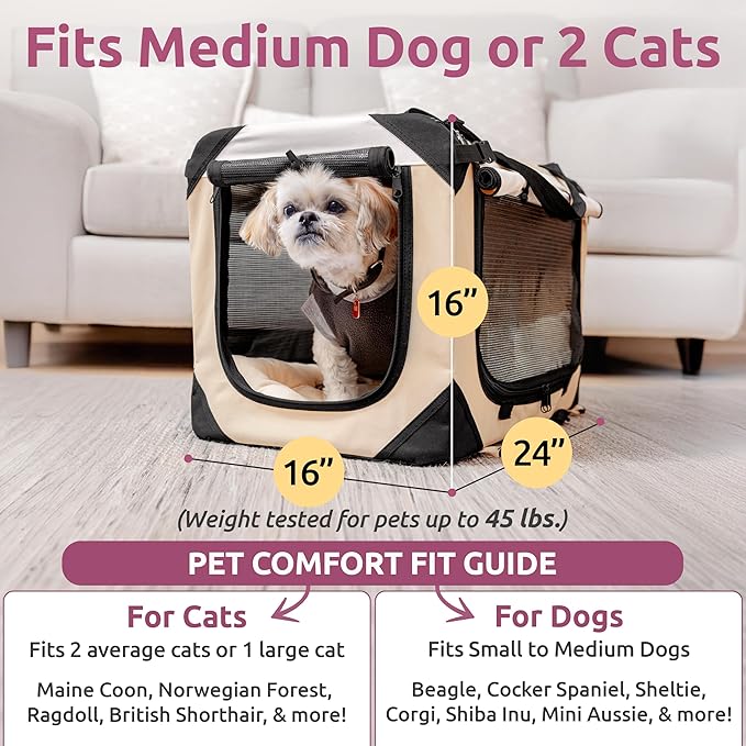 Soft-Sided Cat & Dog Pet Carrier, Large 24"x16"x16", Fits Large Cat, 2 Cats, or Medium Dog Comfortably, Great for Travel & Vet Visits, Privacy Windows, Removable Bed, Locking Zippers, Folds Flat