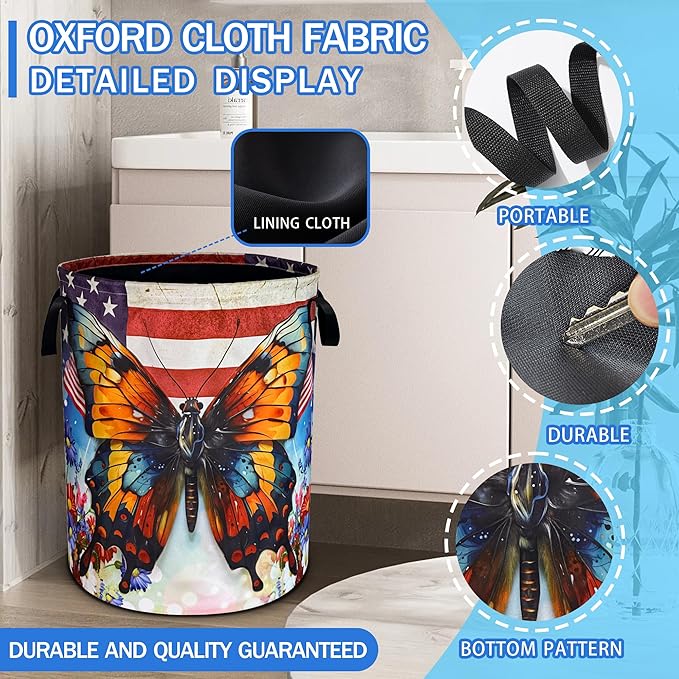 Vintage American Flag Butterfly Laundry Basket Flowers Oxford Cloth Laundry Hamper With Handle Foldable Portable Clothes Storage Basket 18.9 X 16.5 Inch Storage Bag For Laundry Room/Bathroom/Bedroom