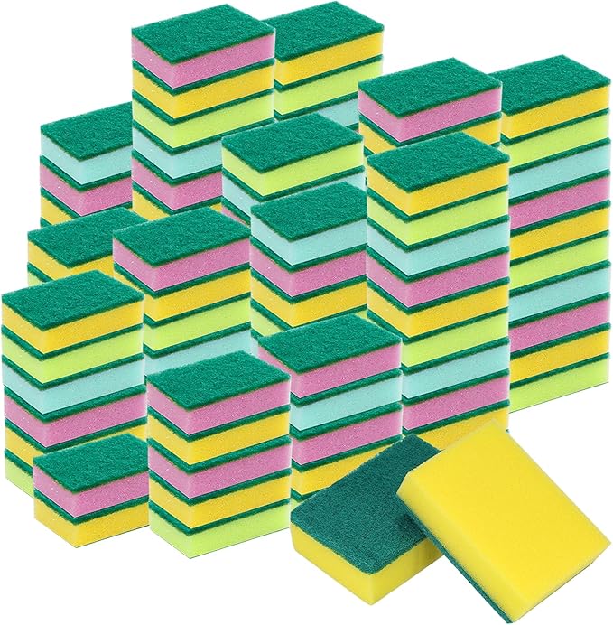 100 Pcs Heavy Duty Cleaning Scrub Sponge Bulk Kitchen Abrasive Scrubber Sponge for One Washing Dish One Scouring Absorbent Scrubbing Assorted Colors