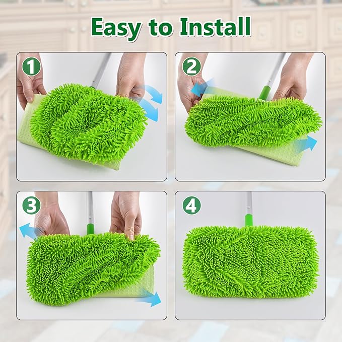 4 Pack Reusable Mop Pads Compatible with Swiffer Sweeper Mop,Wet Pads Refill & Dry Sweeping Cloths,Chenille & Microfiber Refill Pads for Wood Floor Cleaning,Washable Wet Mopping Cloths,Green & Gray