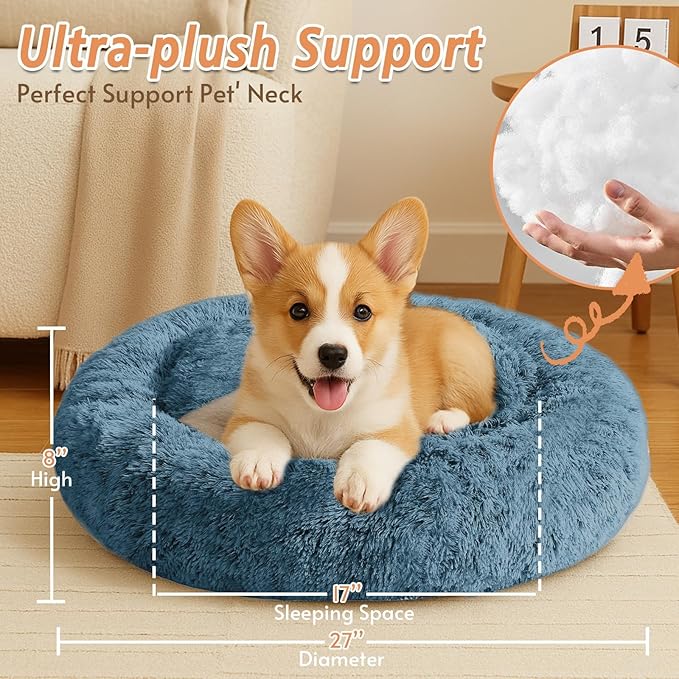 JOLLYVOGUE Small Dog & Cat Beds for Indoor Cats, Donut Cuddler Warming Soft Dog Beds with Anti-Slip Bottom, Round Calming Fluffy Plush Faux Fur Cushion Bed for Medium Dogs (27", Blue)