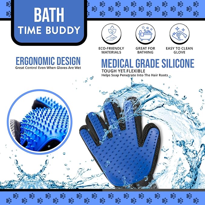 Pet Grooming Glove & Dog Bath Brush Set – Deshedding Gloves for Cats & Dogs + Silicone Scrubber – Grooming Mitts for Bath, Shedding & Massage – Blue