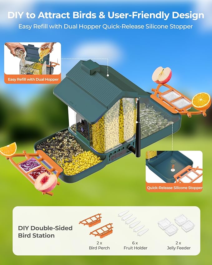 2-in-1 Bird Bath and Bird Feeder with Cameras Solar Powered 2K Dual Cameras Birds Feeder and Bath for Outside Yard Garden, Gift for Dad Mom Kids (Deep Blue + Orange)