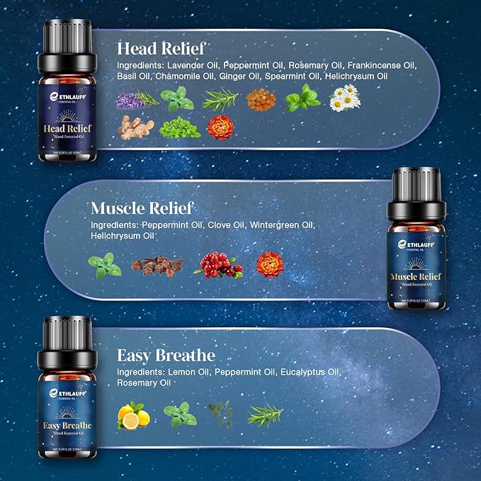Essential Oil Blends, Essential Oils for Diffusers for Home, Relax Fragrance Oils Kit- Stress Relief, Sweet Dreams, Head Relief, Relax, Immunity for Aromatherapy, Humidifiers, Massage, 6x10ml