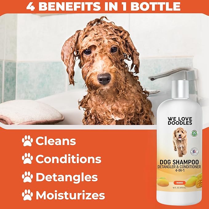 We Love Doodles Dog Shampoo (Mango) and Pin Dog Brush (Bundle) - Pet Shampoo for Matted Hair - Sensitive Skin Shampoo for Puppies - Pin Dog Brush for Shedding & Removing Loose Fur - Made in The USA