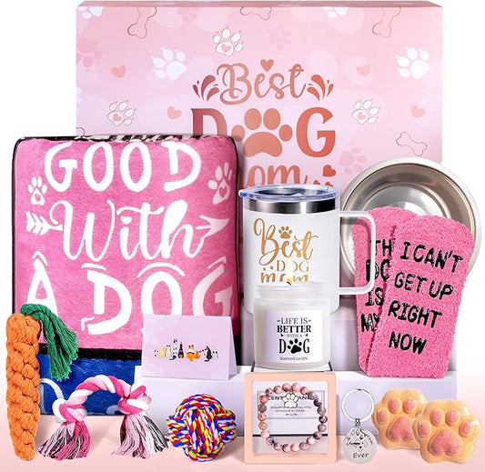 13Pcs Best Dog Mom Gifts for Women, Gift Baskets, Unique Dog Mom Birthday Gifts for Dogs Lovers, with Luxurious Flannel Blankets Gift for Owners for Birthdays, Christmas, and Mother's Day