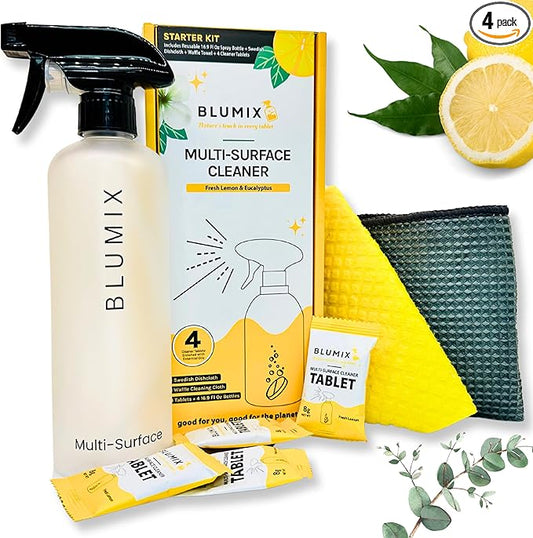 Eco-Friendly Cleaning Kit – Spray Bottle, 4 Refill Tablets, Swedish Dishcloth & Glass Cloth | Lemon & Eucalyptus | Plant-Based, Biodegradable All-Purpose Surface Cleaner Starter Set, Gift