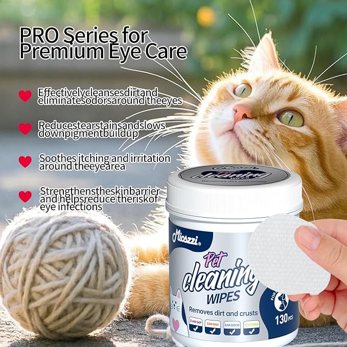 MIOSSZI 130 PCS Pet Eye Wipes for Dogs & Cats Tear Stain Remover Wipes for Dog Eyes Wipes Gently Remove Tear Stain, Debris, Discharge Hypoallergenic Cat Eye Wipes Pet Cleaning for Eyes Grooming Wipes