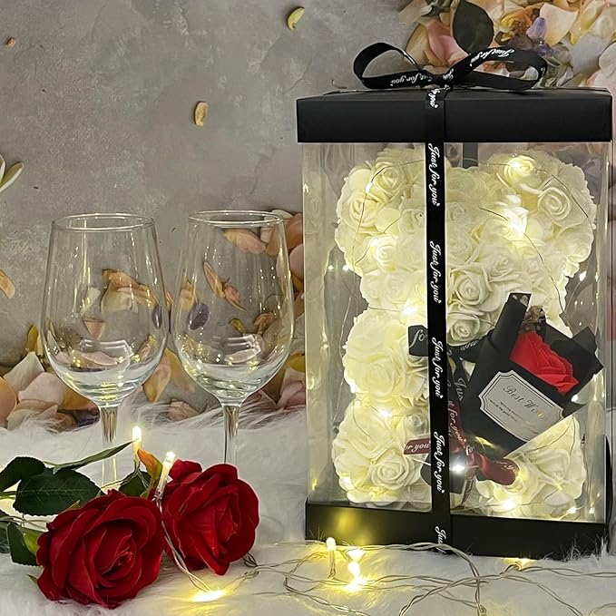 Romantic Valentines Day Gift for Her Rose Artificial Flower Rose Teddy Bear for Wife, Girlfriend Mother Daugther Women. Blind Box for Christmas Birthday Wedding Anniversary (White)