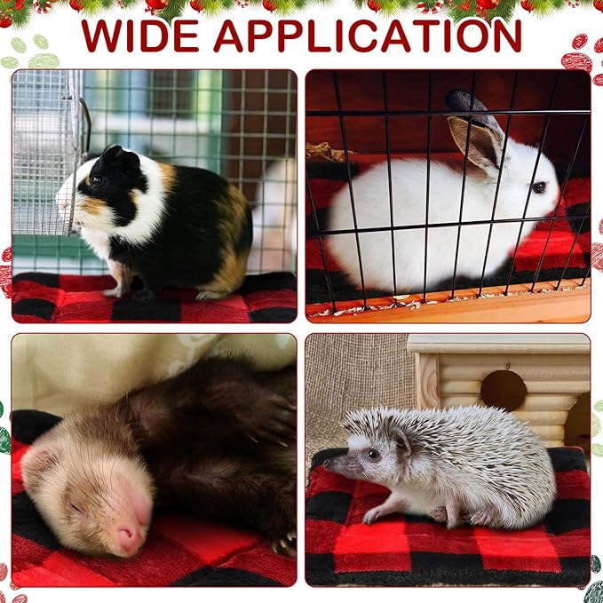 Haull 4 Pcs Waterproof Guinea Pig Bedding Winter Guinea Pig Bed Plush Cage Liners Soft Dog Cat Mat Reversible Winter Cozy Animal Pee Pad Hamster Bed Mat for Bunny (Red Black Plaid,13 x 10 Inch)