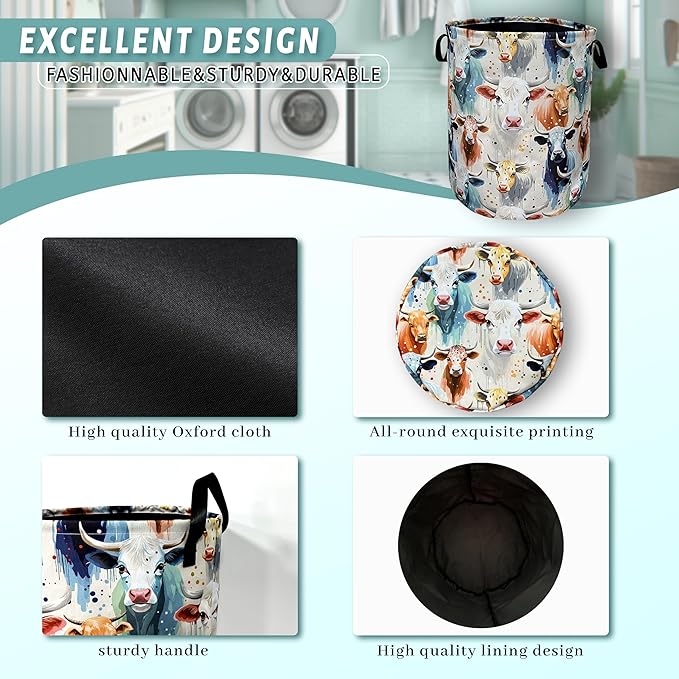 Watercolor Cows Laundry Basket Foldable With Handles Funny Tote BagOxford Cloth Animals Laundry Hamper 18.9" x 16.5" Clothes Storage Bucket Toy Organizer For Bathroom/Laundry/Bedroom