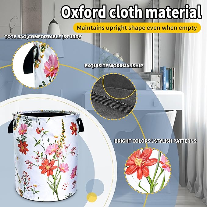 Beautiful Flowers Laundry Basket Pink Red Floral Foldable Oxford Cloth Funny Tote Bag Laundry Hamper Clothes Storage Bucket Toy Organizer For Bathroom/Laundry Storage/Bedroom 18.9x16.5 Inch