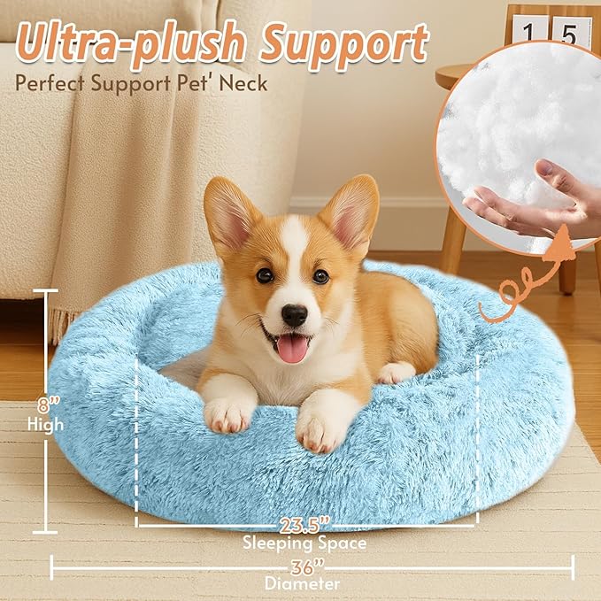 JOLLYVOGUE Small Dog & Cat Beds for Indoor Cats, Donut Cuddler Warming Soft Dog Beds with Anti-Slip Bottom, Round Calming Fluffy Plush Faux Fur Cushion Bed for Large Dogs (36", Light Blue)