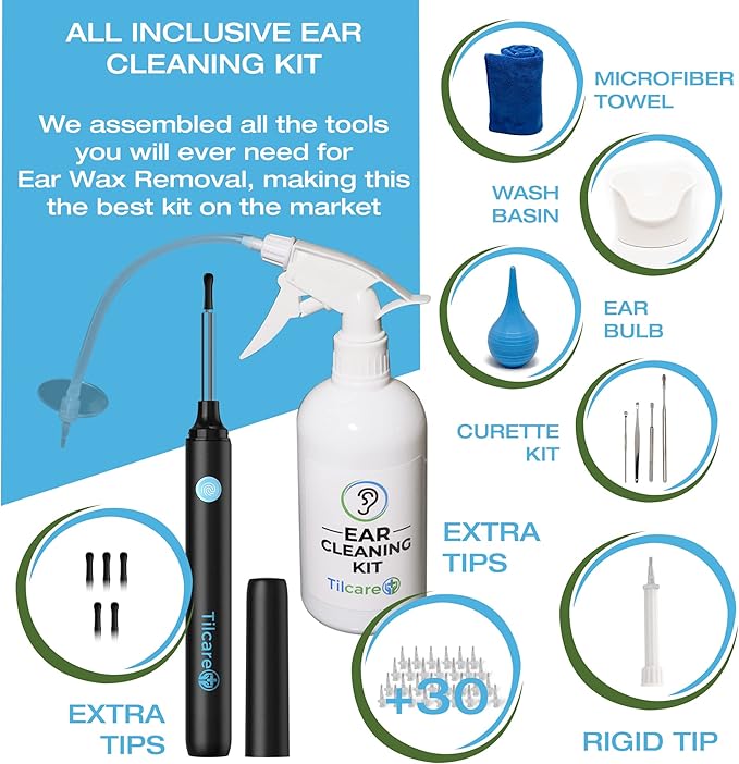 Ear Wax Removal Tool with Ear Camera by Tilcare - Ear Irrigation Flushing System for Adults & Kids - Perfect Ear Cleaning Kit - includes Basin, Syringe, Curette Kit, Towel and 30 Disposable Tips
