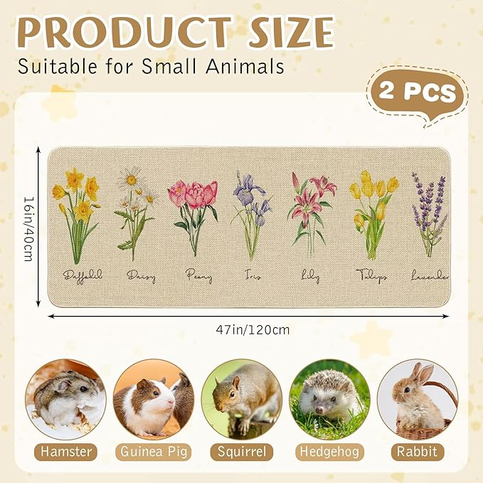 Hamiledyi Guinea Pig Cage Liner 2 Packs Reusable Guinea Pig Pee Pads with Flower Pattern Washable Small Animal Mats for Rabbit Hamster Chinchilla Rat and Other Small Pets (47" L x 16" W)