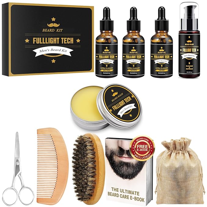 Beard Kit for Men Grooming & Care W/3 Pack Beard Oil, Wash, Balm, Comb, Brush, Scissors,Anniversary Valentines Birthday Fathers Gifts Idea for Husband Him Boyfriend Dad Men Christmas Stocking Stuffers