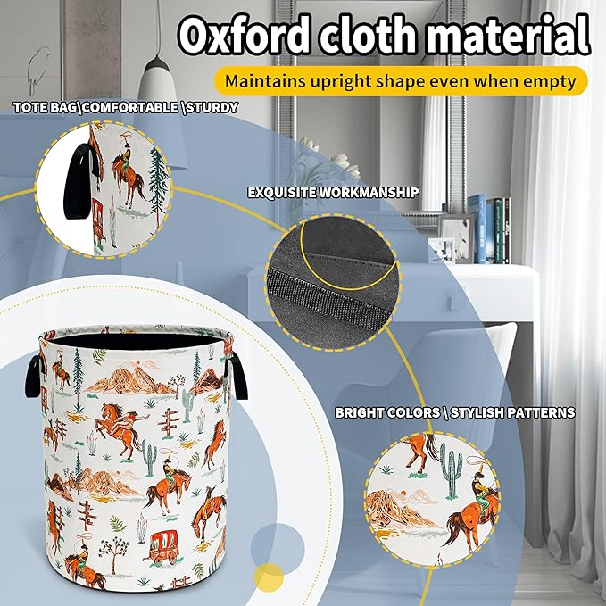 Western Cowboy Laundry Basket Horse Riding Foldable Waterproof Oxford Cloth Funny Tote Bag Laundry Hamper Clothes Storage Bucket Toy Organizer For Bathroom/Laundry Storage/Bedroom 18.9x16.5 Inch