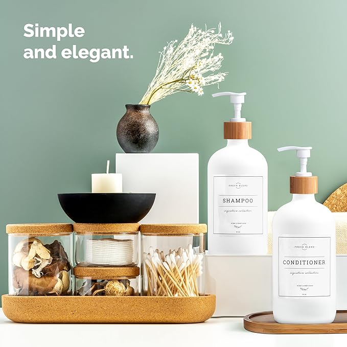 Vine Creations White Glass Soap Dispenser Set - Kitchen Soap Dispenser Set with Tray - Bamboo Dish Soap and Hand Soap Dispensers Set for Bathroom - White Kitchen Decor with Waterproof Labels