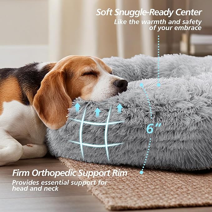 JOLLYVOGUE Small Dog & Cat Beds for Indoor Cats, Donut Cuddler Warming Soft Dog Beds with Anti-Slip Bottom, Round Calming Fluffy Plush Faux Fur Cushion Bed for Small Dogs (20", Smoke Grey)