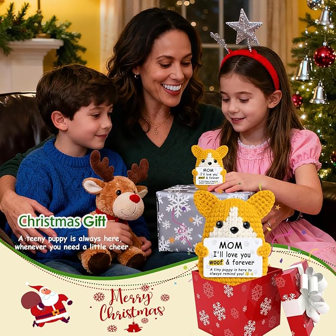 Mini Croche Corgi Mom Christmas Birthday Gifts from Daughter Son,Positive Crochet Puppy Gift for Dog Mom New Bonus Step Mama Mother in Law Present,Handmade Crochet Corgi Décor