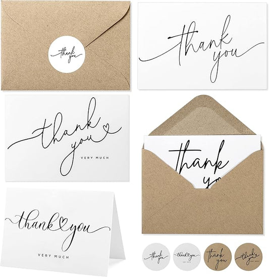 100 Bulk Thank You Cards with Kraft Envelopes and stickers - 4 Minimalistic Designs Blank Thank You Notes with Envelopes for business Wedding Bridal Gift Baby Shower Business Graduation