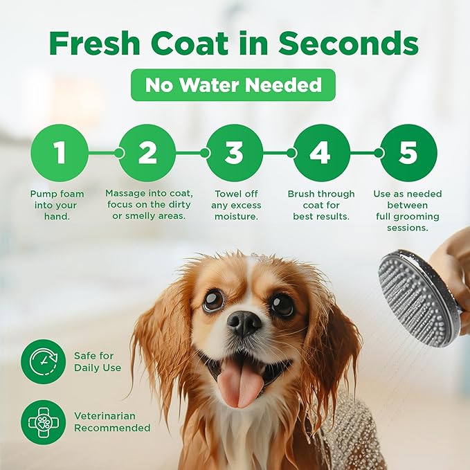 FreshSpritz 8.5 fl oz Waterless Foaming Dog Dry Shampoo with Aloe, No-Rinse Pet Wash for Odor, Dander & Allergens. Non-Sticky, Plant-Based Chamomile Scent, Fast-Drying Pet Deodorizer Grooming Foam