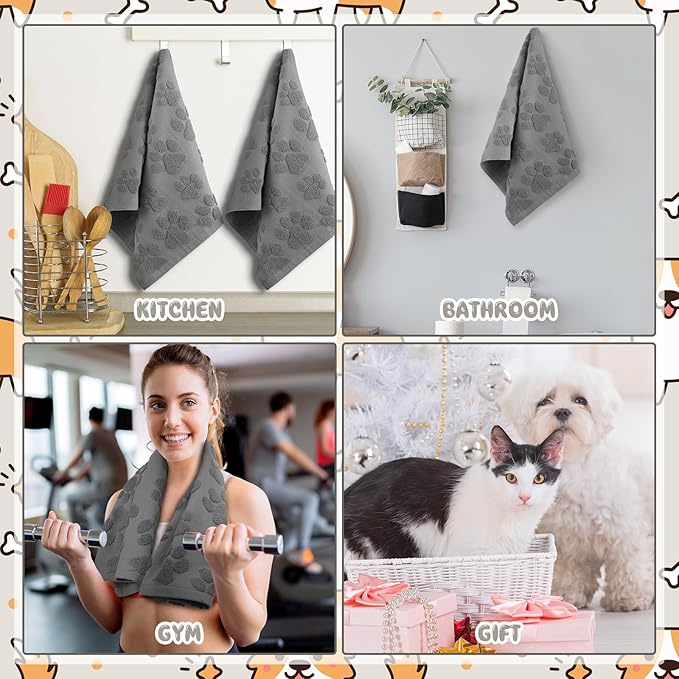 2 Pcs 3D Dog Paw Hand Towels for Bathroom, Cute Gray Dog Paw Jacquard Weave 100% Cotton Absorbent Decorative Towels for Bathroom Kitchen Decor Gift, 13.7 x 29.5 Inch