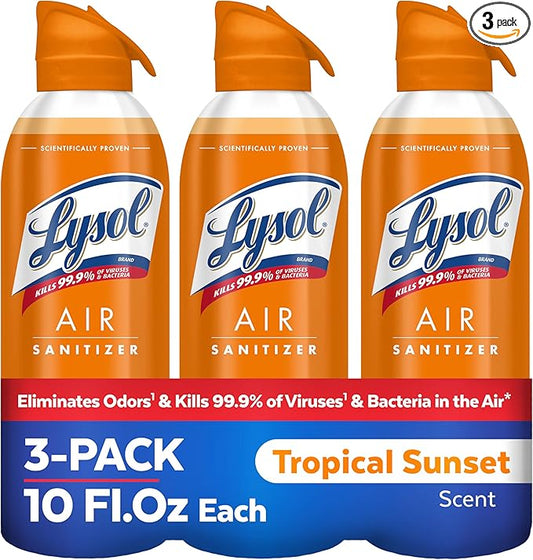 Lysol Air Sanitizer Spray with Odor Eliminator for Home & Office, Sanitizing Spray, Air Freshener Alternative, Tropical Sunset Scent, 10 oz (Pack of 3)