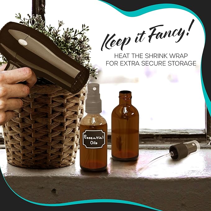 Nevlers Amber Glass Spray Bottles 2 Oz 24 Pack | Amber Glass Bottle Set w/Shrink Wrap, Funnel, Cleaning Brush & Sticker Labels| Mist Bottle For Use as Travel Spray Bottles For Face, Hair, Body & More