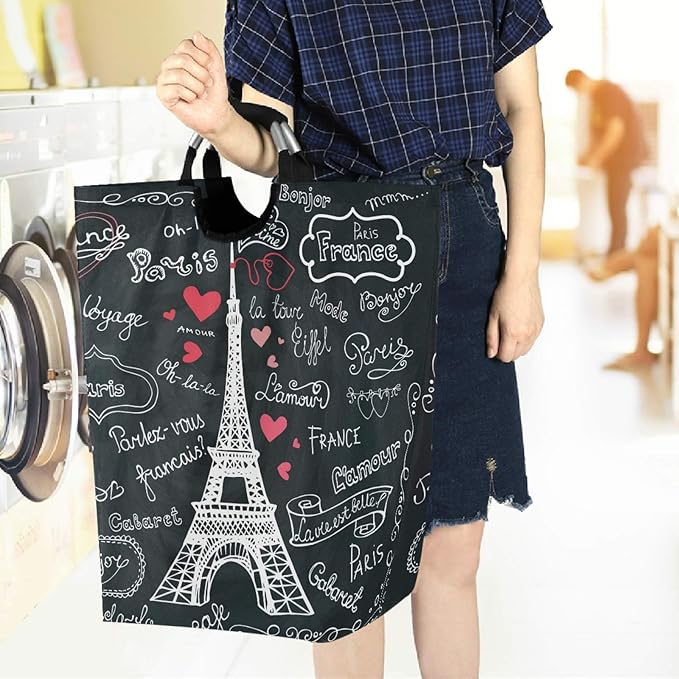 visesunny Large Capacity Laundry Hamper Basket Eiffel Tower France Paris Love Oxford Cloth Storage Baskets for Bedroom, Bathroom, Dorm, Kids Room