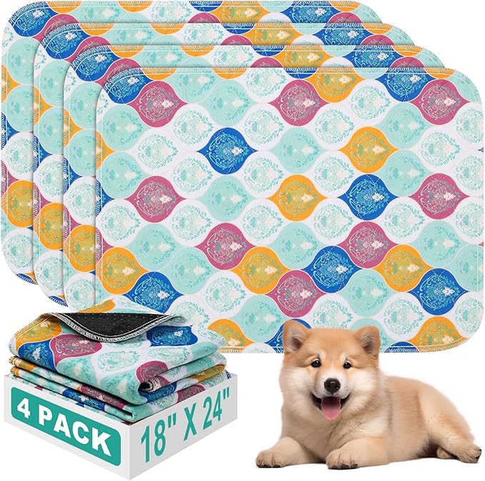 Washable Pee Pads for Dogs, Stylish Absorbent Reusable Training Dog Pads, Non-Slip and Leak-Proof Puppy Pads, Potty Pads for Crates, Whelping, Playpen, Bed and Floors, Bohemian Pattern 4 Pack 18" x24"