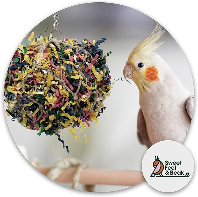 3” Super Shredder Ball Bird Toy - Fun Foraging Toys for Birds w/ Colorful Paper & Wooden Treasures - Easy to Hang Shredding Toys for Birds - Bird Shredding Toys for Cockatiels, Parrots & More