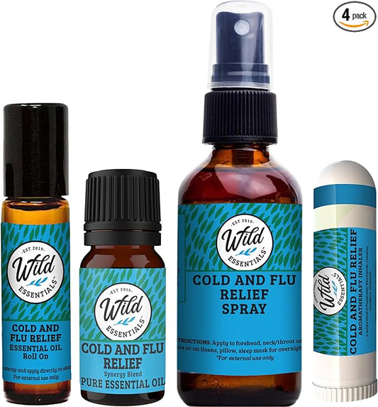 Wild Essentials Cold and Flu Relief 4-Piece Bundle – Inhaler, Roll-On, Spray & Essential Oil for Congestion, Respiratory Support & Comfort- USA Made