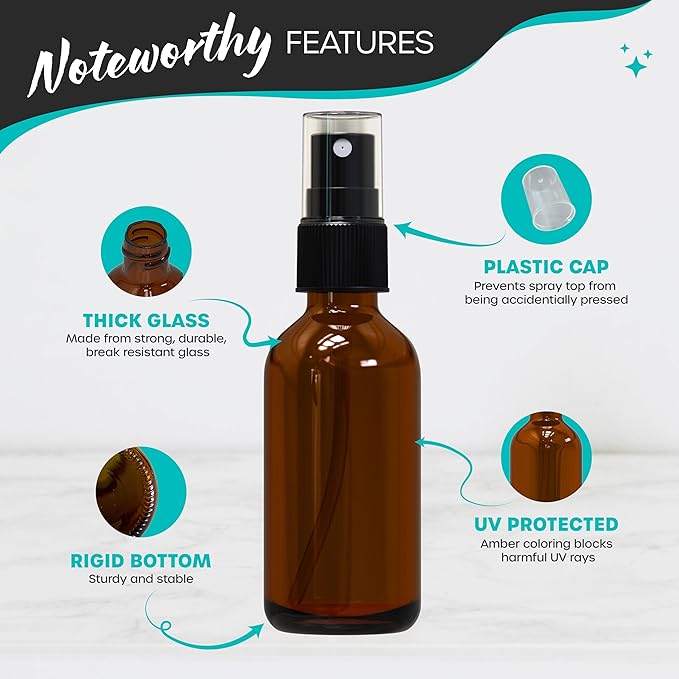 Nevlers 3 Pack Amber Glass Spray Bottles 2 Oz Set | Amber Spray Bottles with Shrink Wrap and Funnel | Leakproof Mister Bottle for Hair, Body, Fragrance, Hand Sanitizer & More