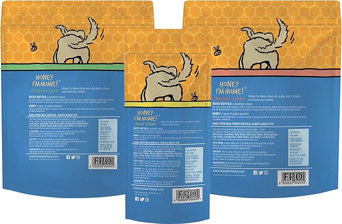 Honey I'm Home Honey Coated Dog Chew Variety Pack – Crunchy Ears, Trachea Tubes & Bully Sticks – All-Natural, Grain-Free, Healthy Buffalo Treats