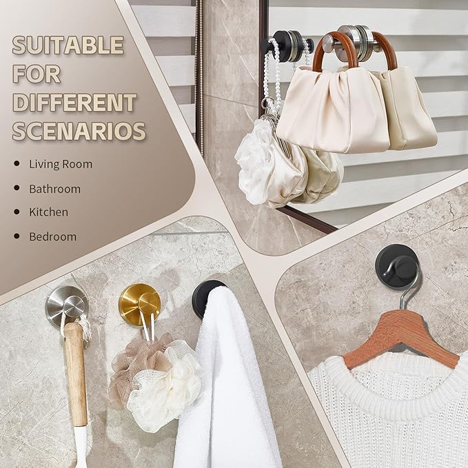 2025 Upgraded Drill-Free Suction Cup Hooks, Stainless Steel Suction Cup Hooks for Shower, Mirror, Wall, Bathroom, Glass, Hanging Towels - 4 Pack, Gold