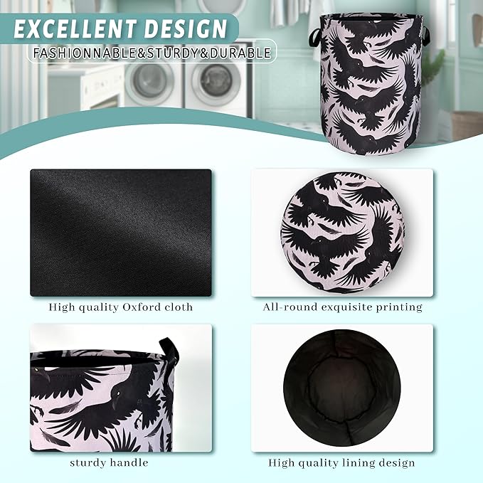 Black Birds With Feathers Laundry Hamper With Handles Foldable Oxford Cloth Goth Style Tote Bag Funny Laundry Basket Clothes Toy Storage Bucket 18.9"x16.5" For Bathroom/Laundry/Bedroom