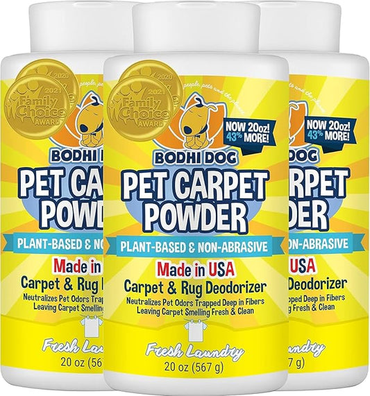 Bodhi Dog Natural Carpet Deodorizer Powder - Dry Pet Smell Eliminator & Urine Odor Remover - Loosens Fur & Dirt - Plant-Based Room Freshener for Vacuuming Home with Pets - Fresh Laundry (Pack of 3)