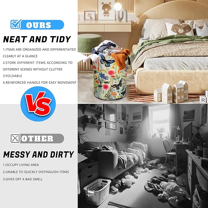 Watercolor Butterfly Laundry Basket Oxford Cloth Flowers Laundry Hamper With Handle Foldable Portable Clothes Storage Basket 18.9 X 16.5 Inch Storage Bag For Laundry Room/Bathroom/Bedroom/Dormitories