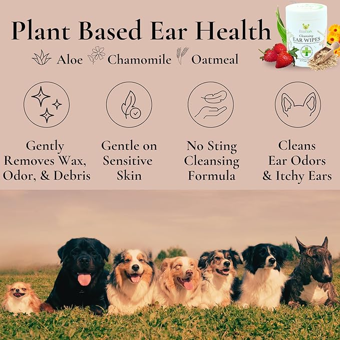 EcoBark Natural Ear Finger Wipes for Dogs - Dog Ear Cleaner Strawberry Scented - Ear Wipes with Finger Pad in Ear Solution - Gentle Otic Grooming Supplies to Soothe Dog Ear Itching - Cleanse Away Dirt