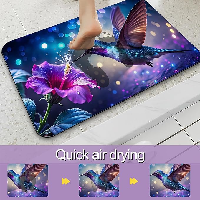 Hummingbird Fantasy Bath Mat, Water Absorbent Quick Dry Thin Bathroom Floor Mat, Rug for Bathroom Kitchen 17"x30"