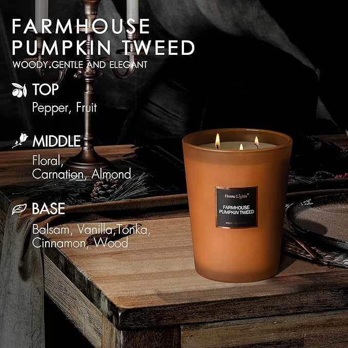 HomeLights Highly Scented Candles, Big 33.3 oz for Home, Natural Soy Aromatherapy Candles, Smokeless Long Lasting 130h with 3 Cotton Wicks, Candles Gifts for Women & Men - Farmhouse Pumpkin Tweed