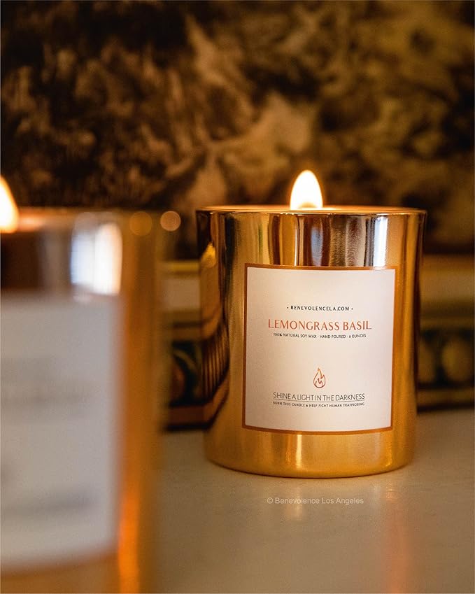 Benevolence LA Lemongrass & Basil Wood Wick Candles | Soy Scented Candles for Home | Gifts for Women and Men | Home Fragrance | Aromatherapy | Shelf Decor, Bathroom Freshener | 8oz, 45 Hour Burn